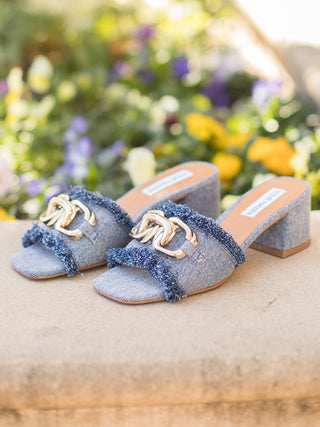 denim square toe block heel sandals with gold chain hardware and frayed edges