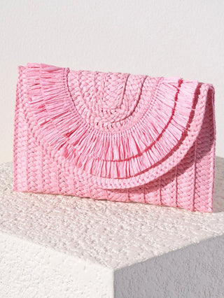 compact colorful pink woven envelope clutch crafted from paper straw