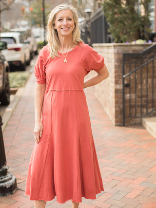 comfortable rose clay colored short sleeve midi dress with empire waist