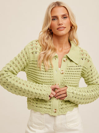 green open knit crochet cardigan sweater with large buttons