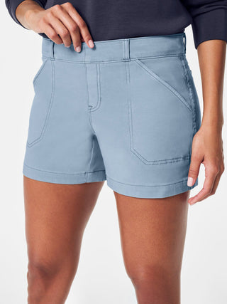 mountain blue soft spanx stretch twill shorts with tummy shaping fabric