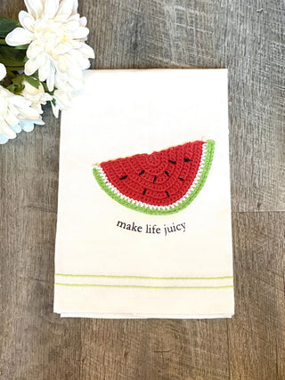 bright spring crochet tea towel with watermelon print