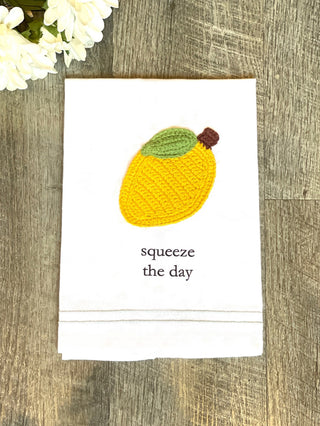 bright spring crochet tea towel with lemon print