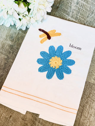 bright spring crochet tea towel with blue flower print