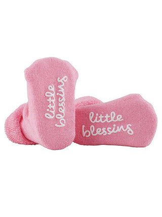 darling pink stephan baby socks with sentimental note reading little blessings