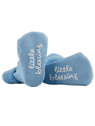 darling blue stephan baby socks with sentimental note reading little blessings