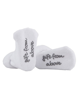 darling white stephan baby socks with sentimental note reading gift from above