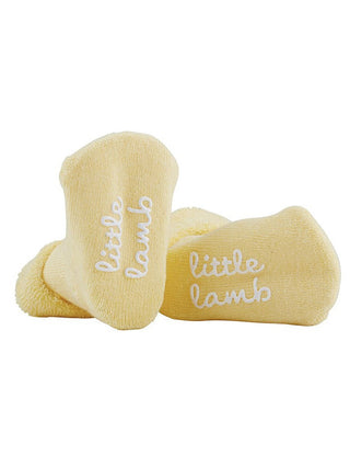 darling yellow stephan baby socks with sentimental note reading little lamb