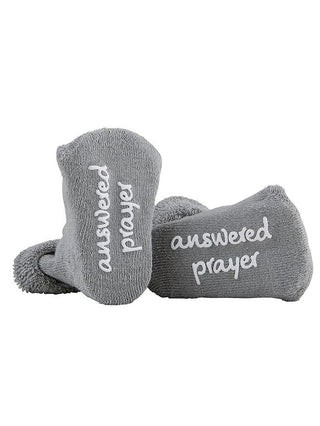 darling gray stephan baby socks with sentimental note reading answered prayer