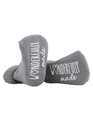 darling gray stephan baby socks with sentimental note reading  wonderfully made