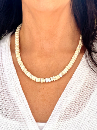 simple white gemstone beaded necklace that goes with any outfit