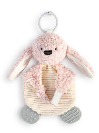 soft and crinkly teether bunny buddy with attachment for pacifier