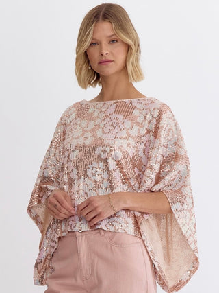 girls night out champagne pink sequin kimono sleeve top