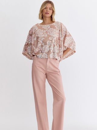 girls night out champagne pink sequin kimono sleeve top paired with pink pants