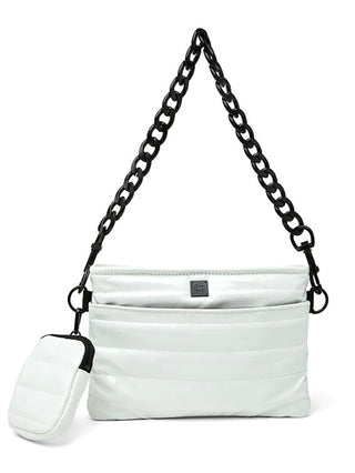 a matte white luxury crossbody bag with an accessories case and black chain