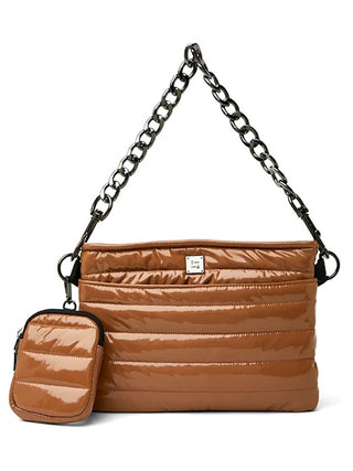 wear this penny brown convertible crossbody bag with a statement metallic chain for everyday edge and cool accessorizing 