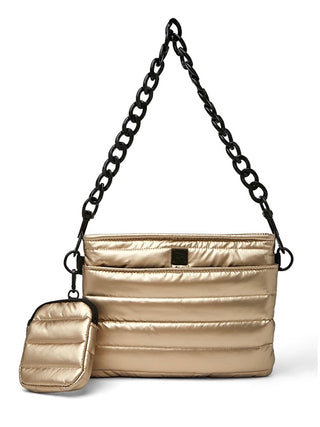 a metallic gold luxury crossbody bag with an accessories case and black chain