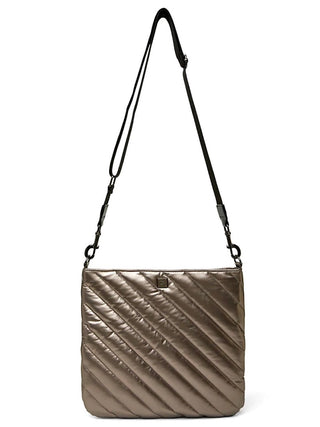 a metallic gold luxury tote bag with a black chain