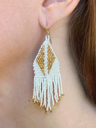 chic beaded fringe dangly earrings in white and gold