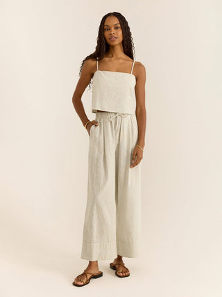 breezy linen sandstone striped pants with front tie worn with matching tank