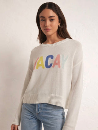 white crew neck vacay pullover sweater with multicolor letters