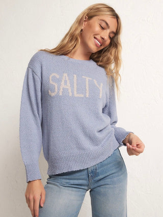 soft stromy blue loop yarn beach loving oversized sweater with salty front graphic