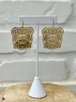 a pair of gold uga bulldog drop earrings perfect for georgia football games and dawgs tailgating