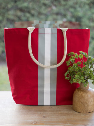 a red gray and white oversized tote bag with space for your essentials and rope carrying straps