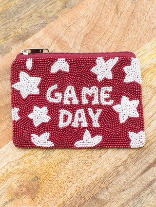 crimson and white game day seed bead coin purse with zip closure that holds cash and cards for alabama bama role tide football