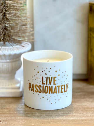 decorate your home with this fig scented candle in white porcelain that reads live passionately or give as a hostess gift