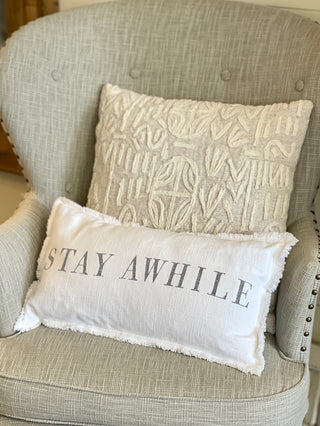 Stay Awhile Lumbar Pillow 20 inch by 12 inch natural white throw pillow Frayed edge detail Back zipper closure