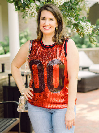 a red and black sequin football jersey style tank perfect for uga bulldogs fans game days and tailgating parties