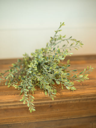 an artificial basil boxwood bush on a mantle