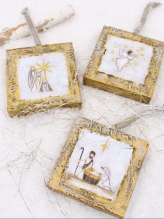 three gold wooden box ornaments with sweet religious paintings