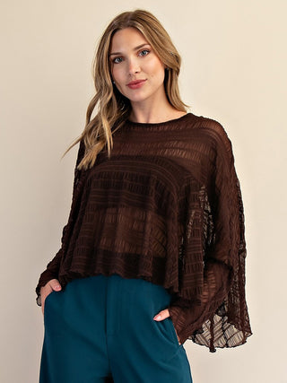 brown long sleeve sheer cape top with asymmetrical hem