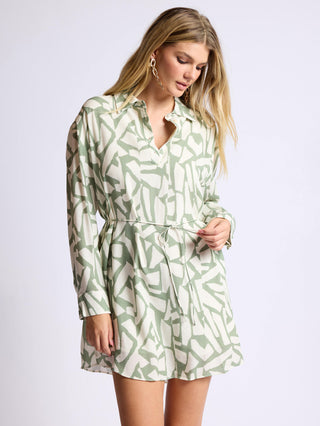 green and cream abstract print mini dress with long sleeves and v neck
