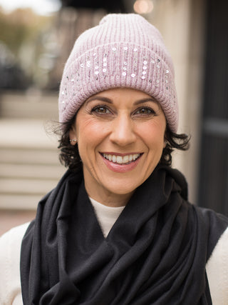 wear this pink sequined beanie this holiday season for winter wear or gift as a christmas present stocking stuffer