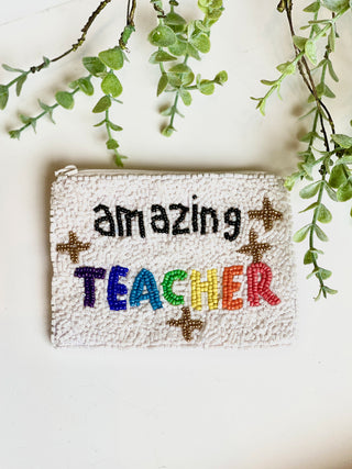 beaded teacher coin bag gift that says amazing teacher