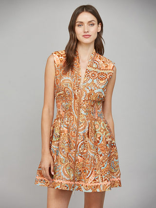 sleeveless mini dress with front zipper in rust and navy