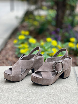 comfortable mushroom strappy sandal heels with gunmetal buckle and slingback strap
