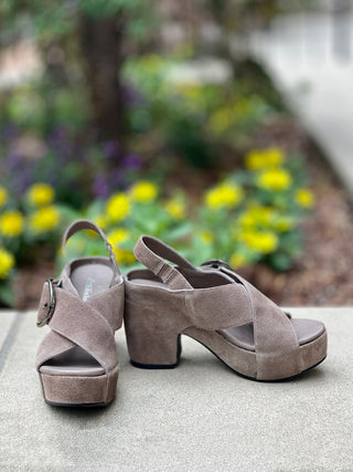 comfortable mushroom strappy sandal heels with gunmetal buckle and slingback strap side view