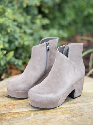 a pair of light grey suede ankle boots with block heels and a side zipper perfect for fall fashion