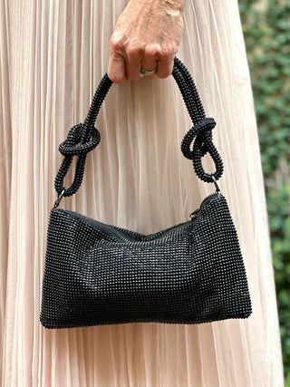 black rhinestone shoulder bag with knotted strap