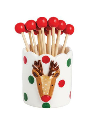 a ceramic rudolph the reindeer toothpick holder with red toothpicks