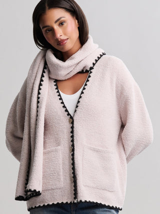 Barefoot Dreams CozyChic Blanket Stitch Cardigan with Scarf - Stone