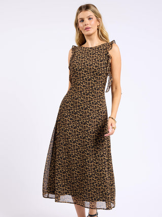 a flirty silhouette maxi dress in a fierce leopard print