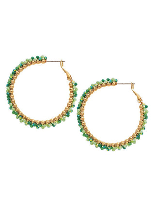 green and gold beaded st pattys day hoop earrings