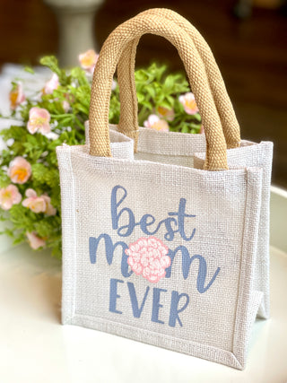 sweet gift jute tote bag with best mom ever written on front