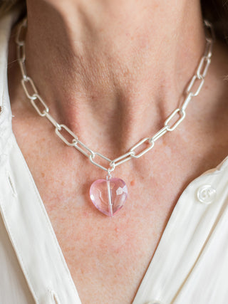 silver paperclip chain statement necklace with pink glass heart pendant