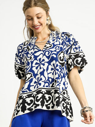 abstract blue floral boho printed top with smocked collar
